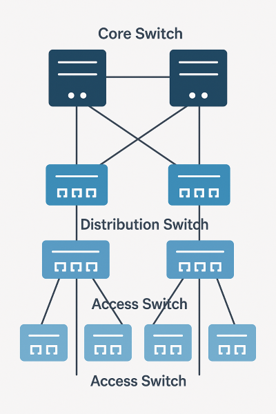 Core Layer, Distibution Layer und Access Layer Switch in einer dreistufigen Netzwerkarchitektur im klassischen Unternehmensnetzwerk.. Core Layer, Distibution Layer und Access Layer Switch in einer dreistufigen Netzwerkarchitektur im klassischen Unternehmensnetzwerk..